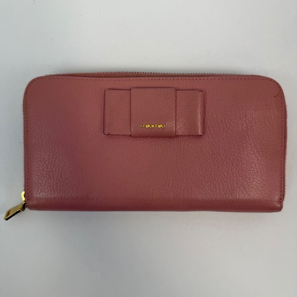 Miu Miu Madras Leather Bow Zip Around Long Wallet Pink Gold Hardware